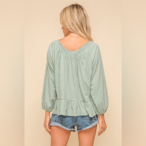 Hem & Thread - Mint Sage Cotton Peplum Boho Blouse ‐ Size M - Picture 3 of 10